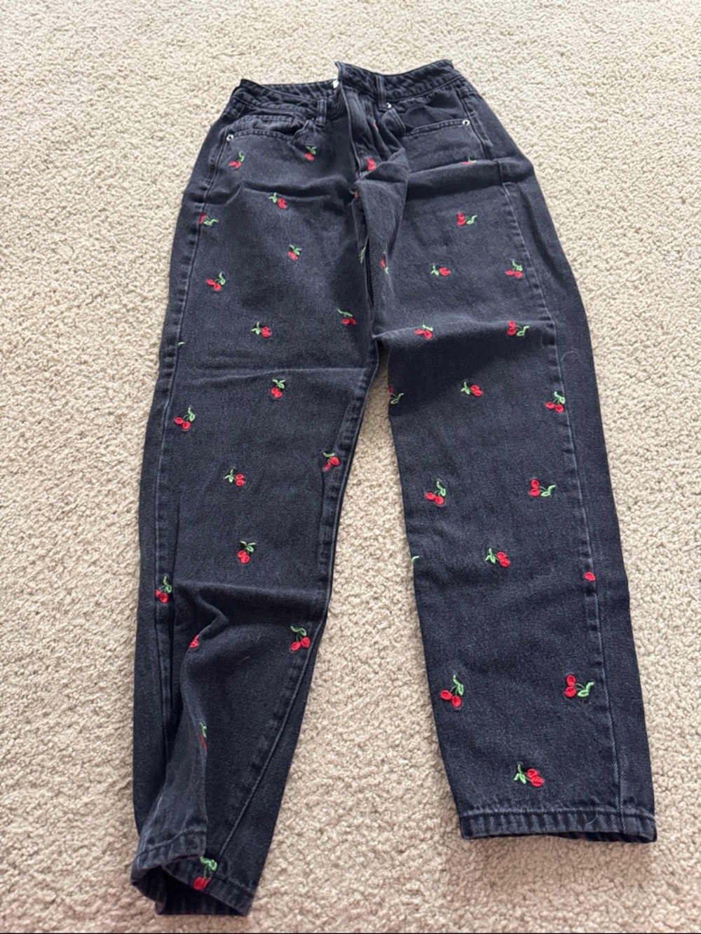 Forever 21 Black Jeans with Red Cherry Embroidery